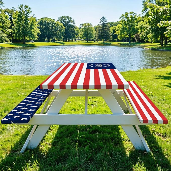 Fitted Picnic Table Cover with Bench Covers Elastic Waterproof Oil-Proof VintageTablecloths for 6 Foot Rectangle Tables Dining Outdoor Patio Camping Essentials (Blue Red Stripe, 6 Foot)