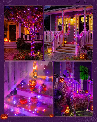 Minetom Solar Halloween Lights, 2 Pack Total 66Ft 200 LED String Lights | Solar Fairy Lights Outdoor Waterproof with 8 Modes, Twinkle Lights for Patio Yard Garden Tree Patry DIY Decor (Orange&Purple)