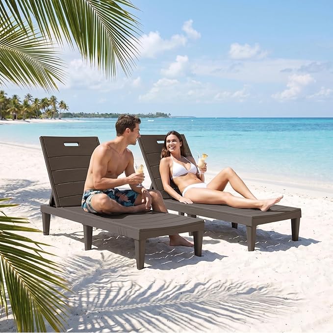 Greesum Outdoor Chaise Lounge Chairs Set of 4 with 5-Position Adjustable Backrest, Waterproof PP Sun Chaise Loungers for Garden Pool Beach Patio Deck Sunbathing, Brown