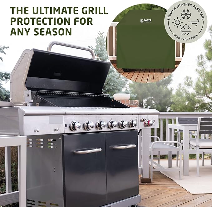 ZOBER Heavy Duty BBQ Grill Cover - 58 Inch Waterproof Double Layered Fits Weber Gas Grill Cover Charbroil Grill & Smoker - Gas Grill Covers w/Air Vents, Dual Handles - 600D Oxford Fabric, Olive
