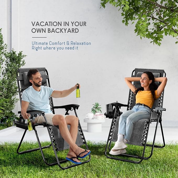 Nestl Zero Gravity Chairs Set of 4, Patio Lounge Chair Outdoor with Pillows & Cup Holder Trays, Adjustable Steel Mesh Reclining Camping Chair, Folding Patio Lawn Chair for Deck, Beach, Yard - Grey