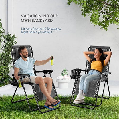 Nestl Zero Gravity Chairs Set of 4, Patio Lounge Chair Outdoor with Pillows & Cup Holder Trays, Adjustable Steel Mesh Reclining Camping Chair, Folding Patio Lawn Chair for Deck, Beach, Yard - Grey