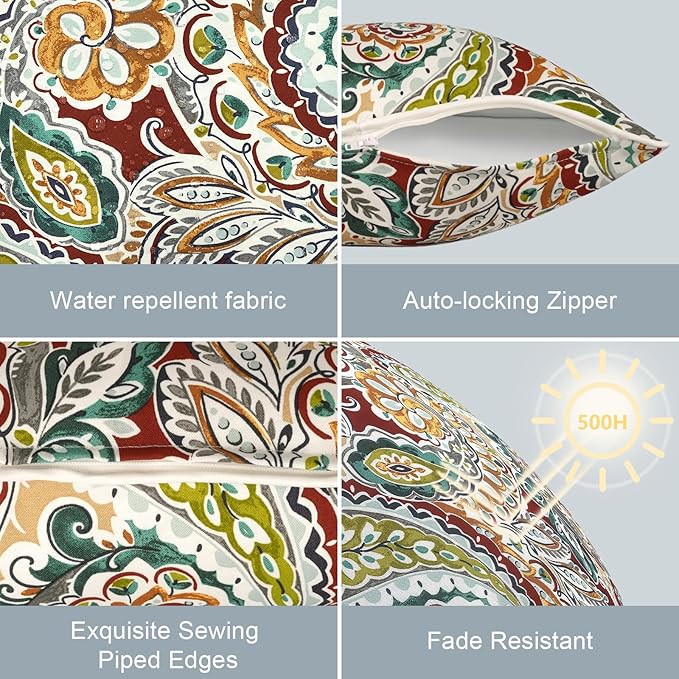 LVTXIII Outdoor Throw Pillow Covers Set of 2, Patio Waterproof Pillow Cases Fade Resistant Accent Pillow Covers for Home and Garden Furniture Decoration, 16x16, Paisley Chilli