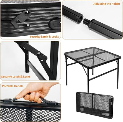 Square Folding Card Table with Adjustable Height (12" & 26"), Black Portable Metal Mesh Table for Camping, BBQ, Picnic, Game, Patio & Indoor Use, Fits 2–4 People, Lightweight 7.6 lb, Supports 66 lb