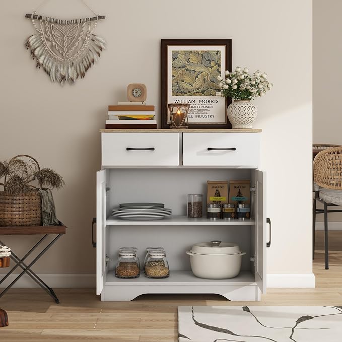 Panana Sideboard 2 Drawers 2 Doors Entryway Storage Cabinet Living Room Organizer Farmhouse Style Wooden Kitchen Cupboard (White)