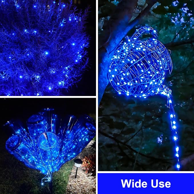 QITONG Solar Fairy Lights Outdoor Waterproof, 2 Pack Each 66ft 200 LED Blue Christmas String Lights, Silver Wire Twinkle Mini Lights with 8 Modes