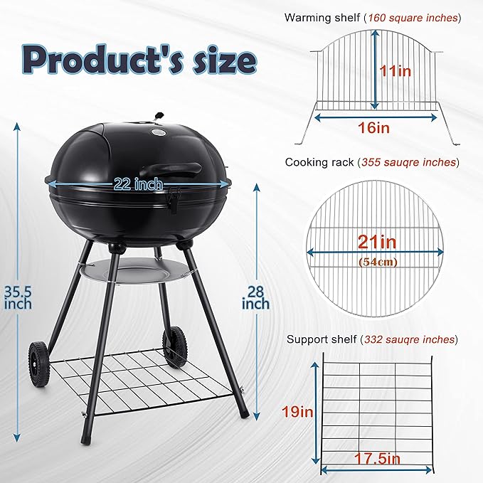 HaSteeL 22-Inch Kettle Charcoal Grill, Portable BBQ Gill with Wheels for Outdoors Barbecue, Camping, Picnic, Backyard, Tailgating, Beach, Storage Rack & 355 SQ.In Cooking Area, Black Porcelain Enamel