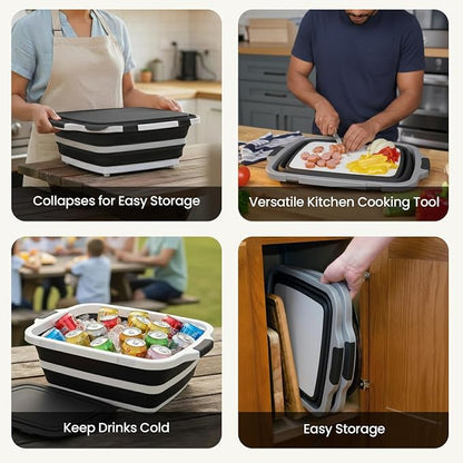 BBQ Prep Tub 2 Pack (8L+8L) - Multifunctional Collapsible Camping Cutting Board with Upgraded Locking lid, Meal Prep Meat Storage Container Perfect for Grilling, Outdoor Cooking (Large x 2)