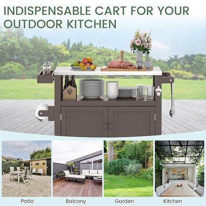 Weatherproof HIPS Outdoor Kitchen Island with Stainless Steel Top & Storage Cabinet, Movable Prep Table with Wheels for BBQ Food Prep, Outdoor Grill Cart for Parties, Cocoa Brown