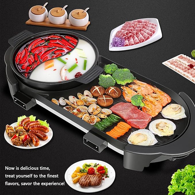 Hot Pot with Grill, Electric Hot Pot 2 in 1 Shabu Shabu Hot Pot Korean BBQ Grill, Removable Hotpot Pot 1200W / Large Capacity Baking Tray, Separate Temperature Control, Electric Grill for 2-12 People