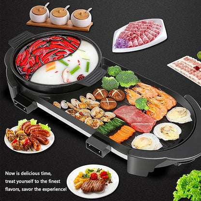 Hot Pot with Grill, Electric Hot Pot 2 in 1 Shabu Shabu Hot Pot Korean BBQ Grill, Removable Hotpot Pot 1200W / Large Capacity Baking Tray, Separate Temperature Control, Electric Grill for 2-12 People