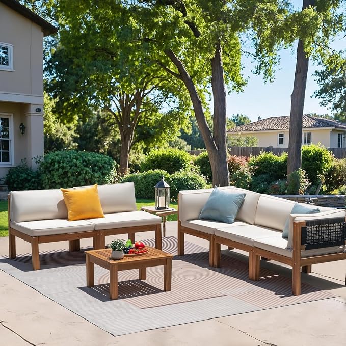 Greesum 6 Pieces Small Patio Sofa, Acacia Wood Frame, Padded Patio Conversation and Chairs Set for Garden, Backyard, Poolside, Beige