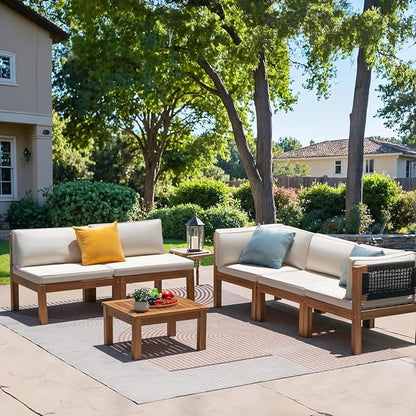 Greesum 6 Pieces Small Patio Sofa, Acacia Wood Frame, Padded Patio Conversation and Chairs Set for Garden, Backyard, Poolside, Beige