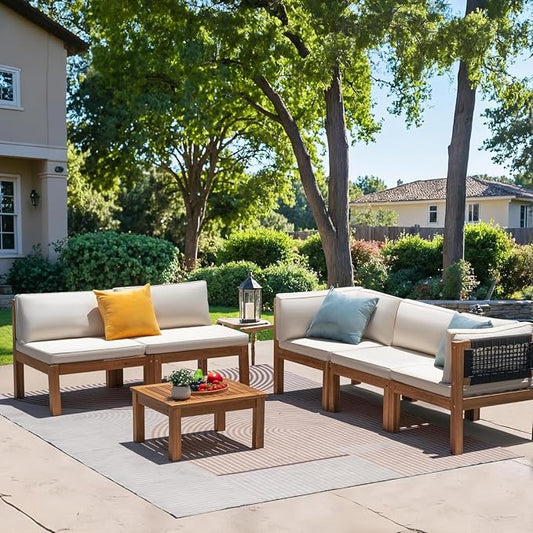 Greesum 6 Pieces Small Patio Sofa, Acacia Wood Frame, Padded Patio Conversation and Chairs Set for Garden, Backyard, Poolside, Beige