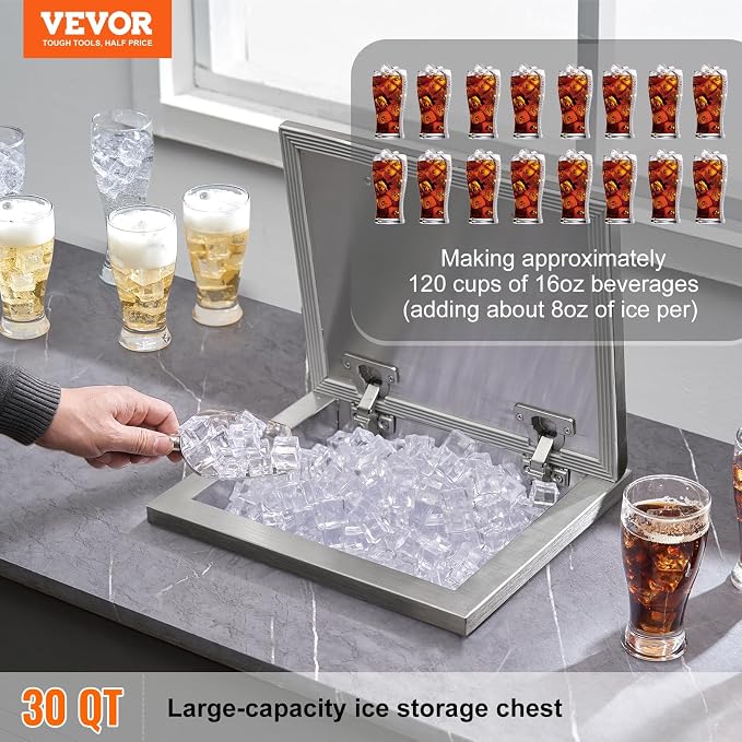 VEVOR Drop in Ice Chest, 14" L x 12" W x 18" H Stainless Steel Ice Cooler, Commercial Ice Bin with Hinged Cover, 40 qt Outdoor Kitchen Ice Bar, Drain-Pipe and Drain Plug Included, for Cold Wine Beer