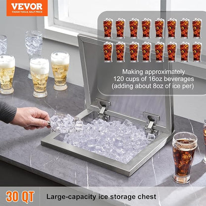 VEVOR Drop in Ice Chest, 14" L x 12" W x 18" H Stainless Steel Ice Cooler, Commercial Ice Bin with Hinged Cover, 40 qt Outdoor Kitchen Ice Bar, Drain-Pipe and Drain Plug Included, for Cold Wine Beer