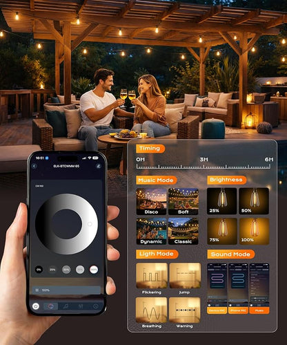 Outdoor String Lights, 50 FT Patio Lights for Outside | Smart App & Remote Control with Timer, Dimmable with 4 Scene Modes, Warm White Waterproof LED Bulbs for Garden, Yard Decor