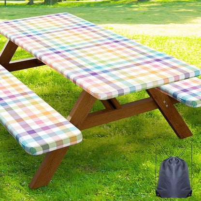 Smiry Picnic Table Cover with Bench Covers, Waterproof Elastic Fitted Tablecloths for 5 Foot Rectangle Tables, Washable Buffalo Plaid Tablecloth for Camping, Outdoor (Yellow & Green, 30"x60")