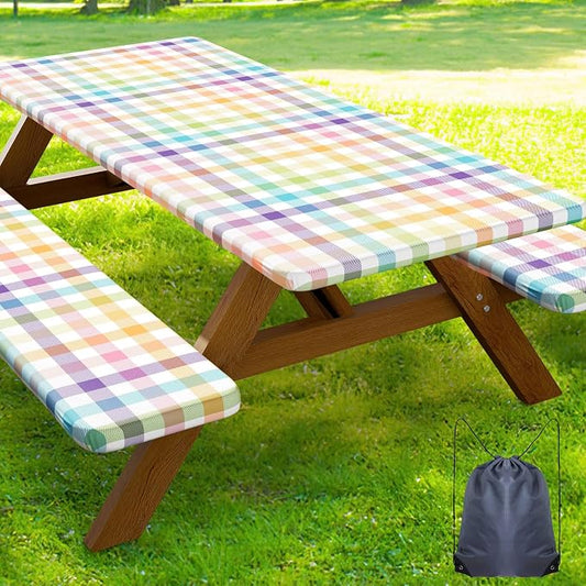 Smiry Picnic Table Cover with Bench Covers, Waterproof Elastic Fitted Tablecloths for 6 Foot Rectangle Tables, Washable Buffalo Plaid Tablecloth for Camping, Easter (Yellow & Green, 30"x72")