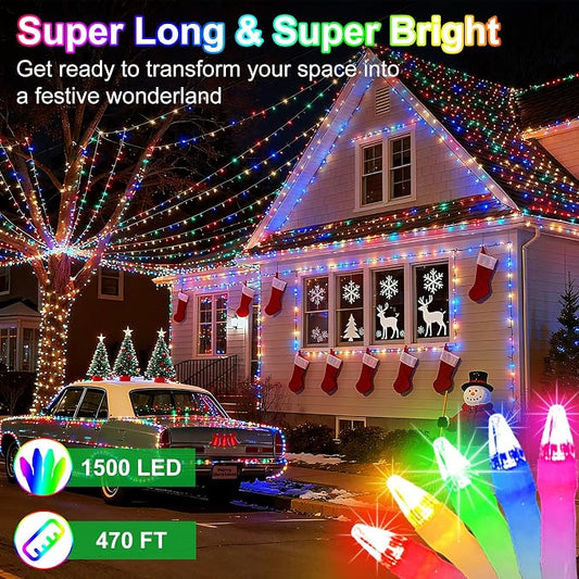 1500 LED 470FT Christmas String Lights, 12 Modes and Timer Memory Dimmable, Plug in Outdoor Waterproof Clear Wire Twinkle Fairy Light for for Xmas Yard Tree Wedding Party Outside Decor (Multicolor)