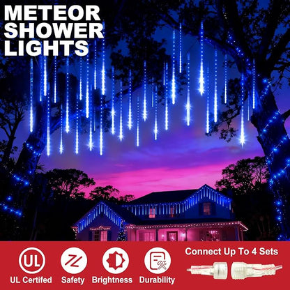 EEIEER Meteor Shower Lights, 11.8 inches 10 Tubes 240 LED Christmas Meteor Lights Snowfall Light for Outdoor Decoration, Waterproof Falling Rain Drop Light for Garden Tree Party Holiday-Blue