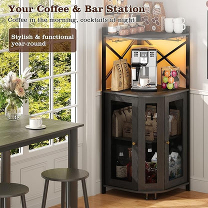 JKsmart 4-Tier Corner Bar Cabinet with LED Light and Glass Holder, Mini Bar | Industrial Liquor Cabinet with Door and Storage Shelf, Space-Saving Home Bar for Wine, Coffee and Entertaining, Black