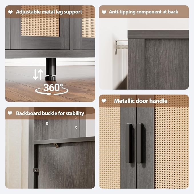 Rattan Buffet Cabinet with Storage, Sideboard with Doors, Console Table, Farmhouse Coffee Bar, Modern Wood Storage Cabinets(Brown Black 2.0)