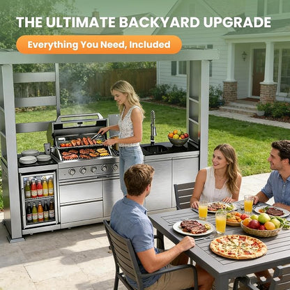 110" Outdoor Kitchen Island with 4-Burner 72000 BTU,Heavy-Duty Propane Grill with Side Burner,Rotisserie Oven,Galvanized Steel Roof,Granite Countertops,Refrigerator,Storage Cabinets,Sink(Propane Gas)