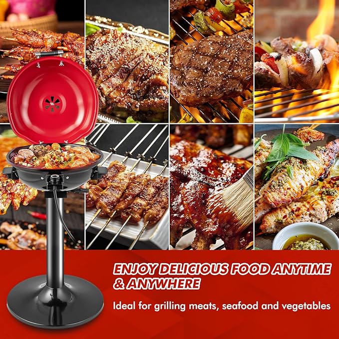 HAPPYGRILL Electric Grill Outdoor, 1600W Barbecue 15-Serving for Indoor & Outdoor Use, Portable Stand BBQ Grill for Cooking Patio Kitchen Garden, Red