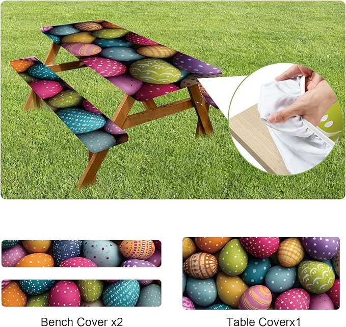 ANNA QUEEN Easter Holiday 6FT Picnic Table Cover with Bench Covers Set of 3 with Drawstring Bag, Colorful Easter Eggs 72"x30" Waterproof Fitted Picnic Tablecloth & Bench Covers for Outdoor Dining