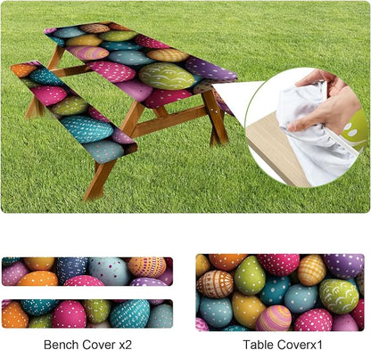 ANNA QUEEN Easter Holiday 6FT Picnic Table Cover with Bench Covers Set of 3 with Drawstring Bag, Colorful Easter Eggs 72"x30" Waterproof Fitted Picnic Tablecloth & Bench Covers for Outdoor Dining