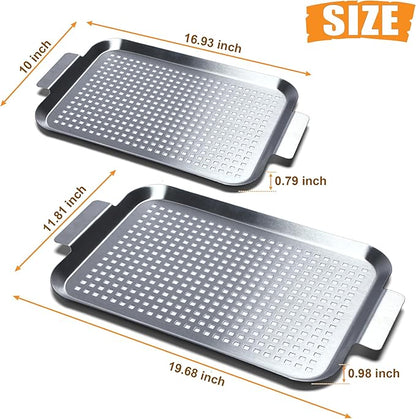 Grill Pan Set of 2, BBQ Grill Topper for Outdoor Grill, Stainless Steel Grilling Baskets with Holes and Handles, Perforated Food Tray Barbecue Accessories for Vegetable, Fish, Large