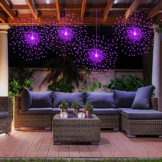 PXBNIUYA 2 Pack Starburst Sphere Lights,200 LLED Firework Lights, 8 Modes Dimmable Remote Control Waterproof Hanging Fairy Light, Copper Wire Light for Patio Parties Christmas (Purple)