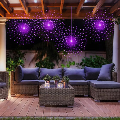 PXBNIUYA 2 Pack Starburst Sphere Lights,200 LLED Firework Lights, 8 Modes Dimmable Remote Control Waterproof Hanging Fairy Light, Copper Wire Light for Patio Parties Christmas (Purple)