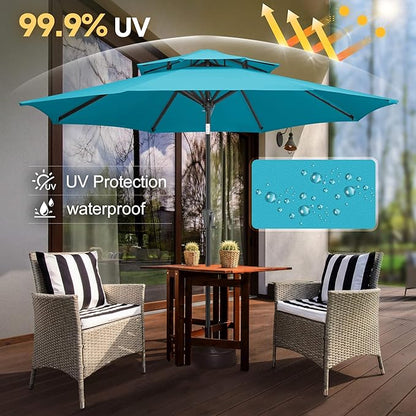 FLAME&SHADE 9ft Patio Umbrella - 2 Tiers Outdoor Umbrella with Push Button Tilt and Crank for UV Protection, Table Market Umbrella for Garden, Deck, Backyard, Pool and Beach(Aqua Blue)