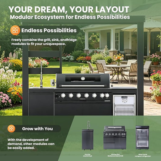 94" Stainless Steel Outdoor Kitchen Island with 6-Burner 85000 BTU,Heavy-Duty Propane Grill with Rotisserie Oven,Galvanized Steel Roof,Granite Countertops,Refrigerator,Sink.(Propane Gas)