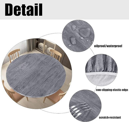 LUSHVIDA Round Waterproof Table Cover Elastic Tablecloth Vinyl Fitted Table Cover Elastic Edged Plastic Table Cloth (Wood Gray, Best for Up to 45"-56" Round)