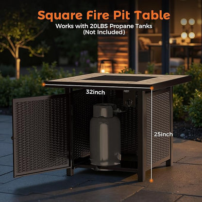 BALI OUTDOORS Propane Gas Fire Pit Table 32 inch 50,000 BTU Square Gas Firepits for Outside, Brown