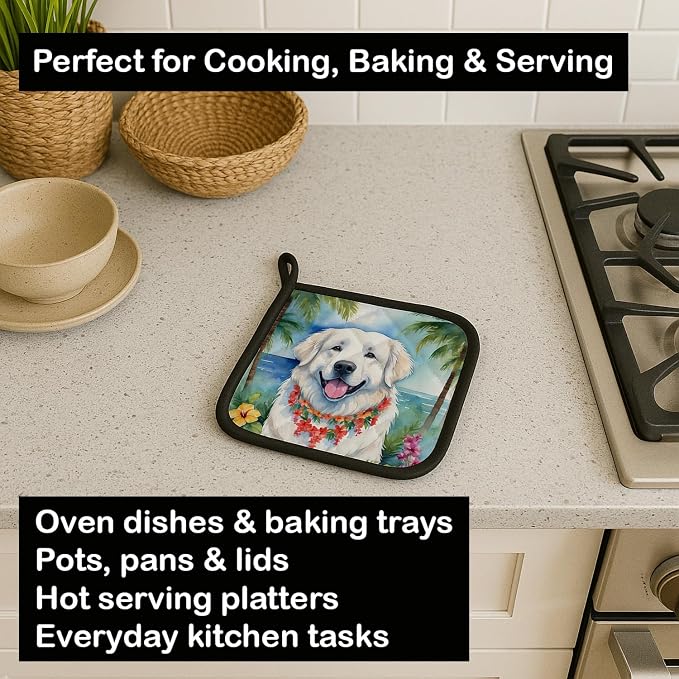 Caroline's Treasures Great Pyrenees Luau Pair of Pot Holders Kitchen Heat Resistant Pot Holders Sets Oven Hot Pads for Cooking Baking BBQ, 7 1/2 x 7 1/2