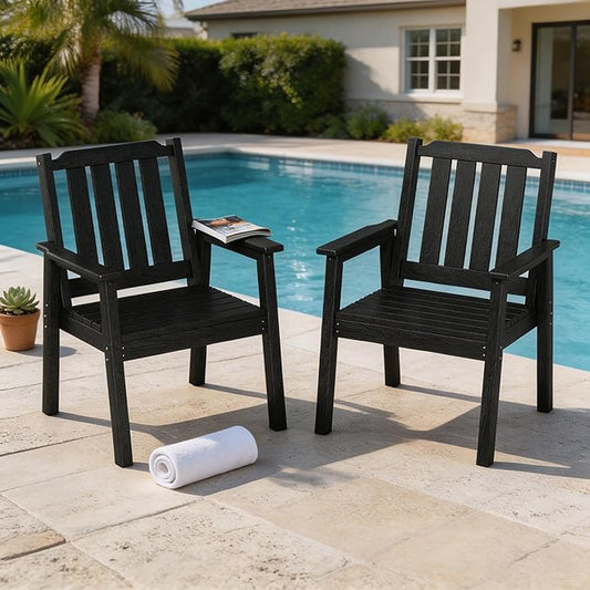 Outdoor Dining Chairs Set of 2, HDPE Patio Chairs 650LBS Capacity All-Weather Yard Armchair with Slatted Seat, 23.9" Wide Heavy Duty Modern Backyard Furniture for Garden, Poolside, Deck (Black)