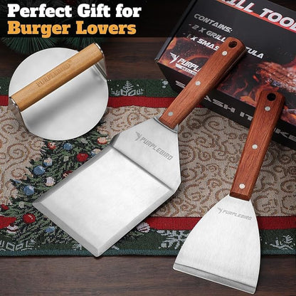PURPLEBIRD Smash Burger Press Kit 3PCS Set, Stainless Griddle Spatulas Set | Professional Burger Smasher for Griddle, Heavy Duty Grill Press for Smash Burgers BBQ Grilling, Christmas Gifts for Men