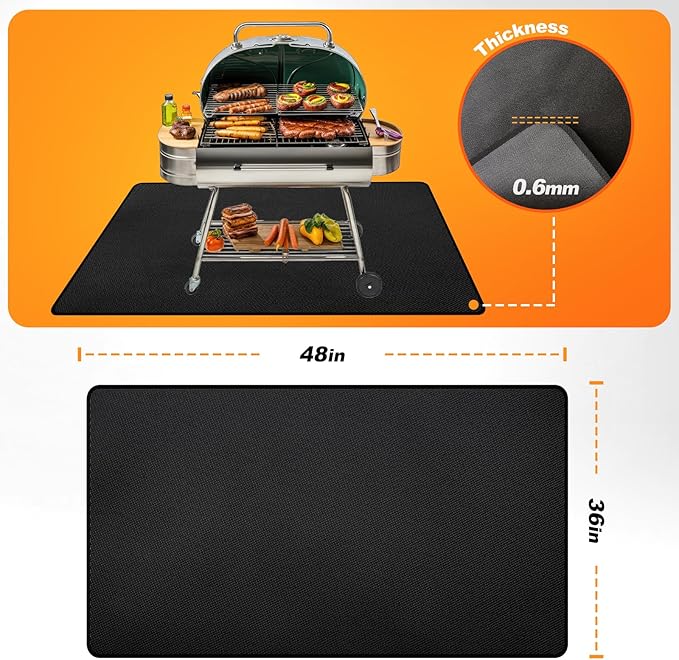 48" x 36" Grill Mats for Outdoor Grill, 2000°F Fireproof Under Grill Mat, Double-Sided Silicone Grill Pads for Deck Protector, Waterproof Oil-Proof BBQ Grill Matt for Fire Pit, Black