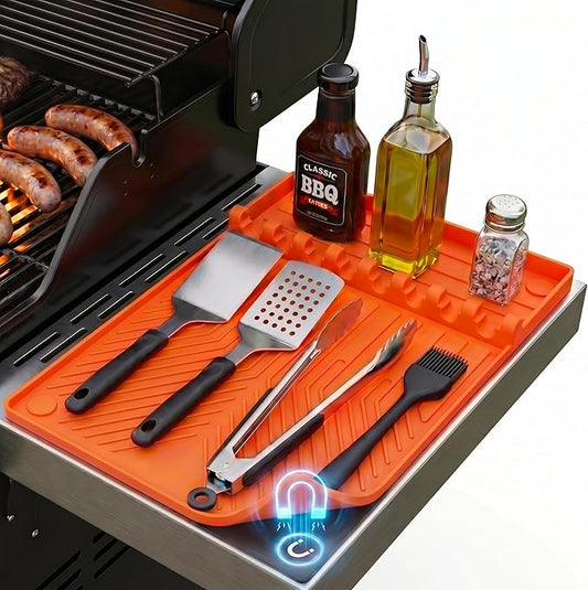 Magnetic Silicone Side Shelf Mat for Blackstone Griddle - 4 Corner Magnets, Extra Thick, Linear Drip Channels, 446°F Heat Resistant, 16"x11.5", Fits Weber Traeger Pit Boss, BBQ Gift for Men