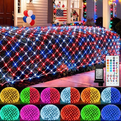Pooqla RGB Net Lights, Color Changing Christmas Outdoor Mesh Lights, 9.8ft x 6.6ft 204 LED Net Light, Connectable Plug in Waterproof Tree Light Bushes Yard 4th of July Decoration