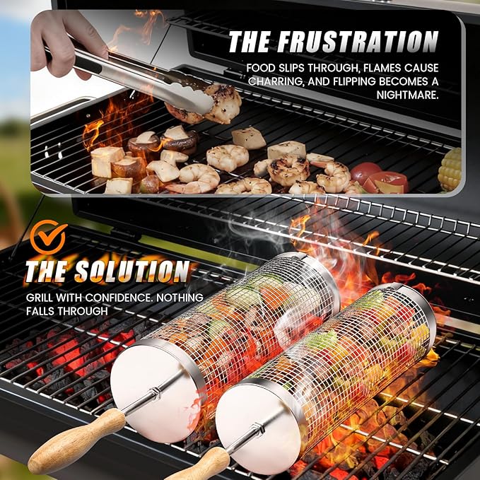 Rolling BBQ Basket for Outdoor Grill: Barbecue Smoker Grilling Baskets for Vegetable, Unique Birthday Christmas Gifts for Men Dad Husband 2pcs