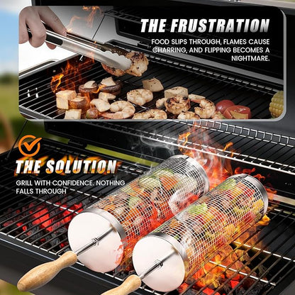 Rolling BBQ Basket for Outdoor Grill: Barbecue Smoker Grilling Baskets for Vegetable, Unique Birthday Christmas Gifts for Men Dad Husband 2pcs