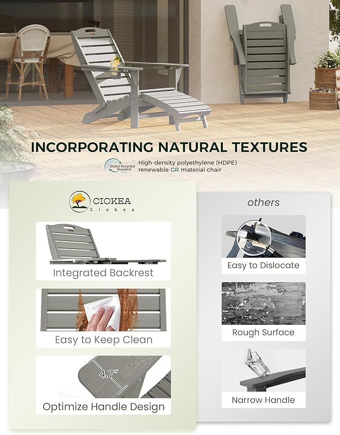 Ciokea Folding Adirondack Chair Set of 4 with Retractable Ottoman Fire Pit Patio Chair with Pull Out Foot Rest Weather Resistant Lawn Outdoor Chair with 2 Cup Holder (Grey)