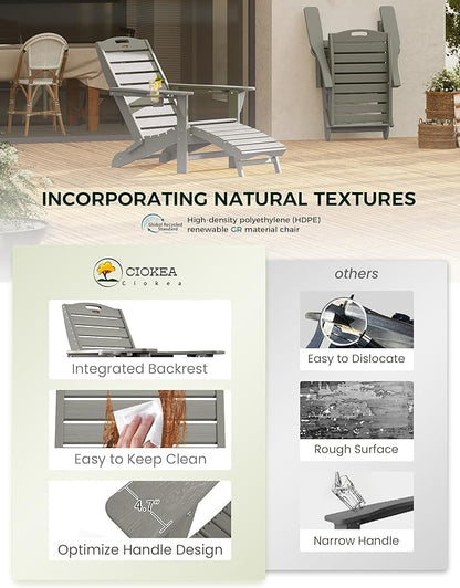 Ciokea Folding Adirondack Chair Set of 4 with Retractable Ottoman Fire Pit Patio Chair with Pull Out Foot Rest Weather Resistant Lawn Outdoor Chair with 2 Cup Holder (Grey)