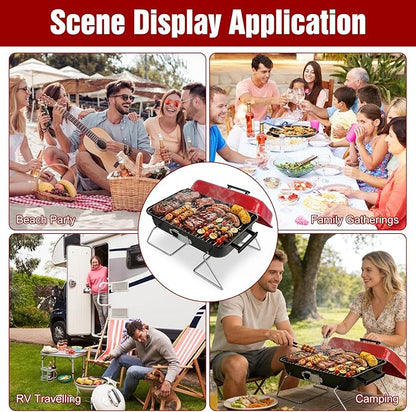 Portable Charcoal BBQ Grill, Foldable BBQ Grill with Grill Net & Lid, Easy Setup Barbecue Grill for Camping Picnic Outdoor Party Backyard (19.7x10.63x11.8in)