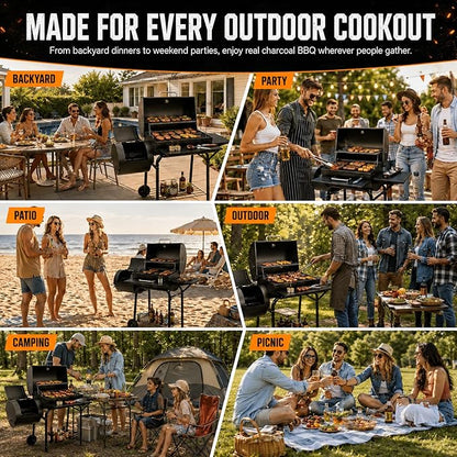 Realcook Charcoal Grill with Offset Smoker: Spacious Barrel Charcoal Grills with 800 Sq. In. Cooking Space - BBQ Offset Smoker Combo for Backyard Parties Weekend Barbecues Gatherings